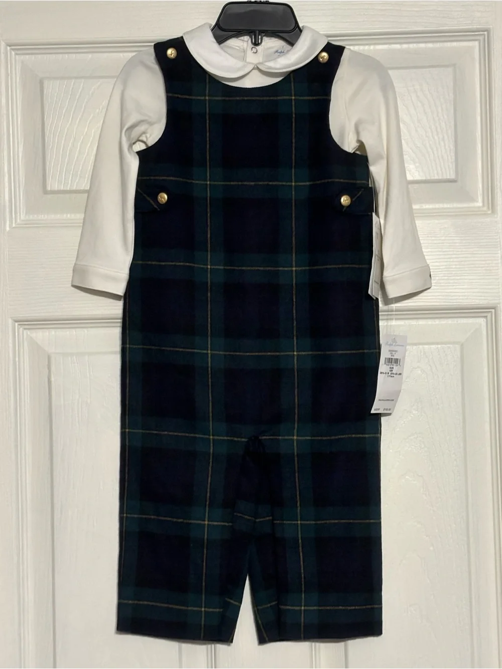 Ralph Lauren Navy and Green Plaid Longall with White Bodysuit Size 12M